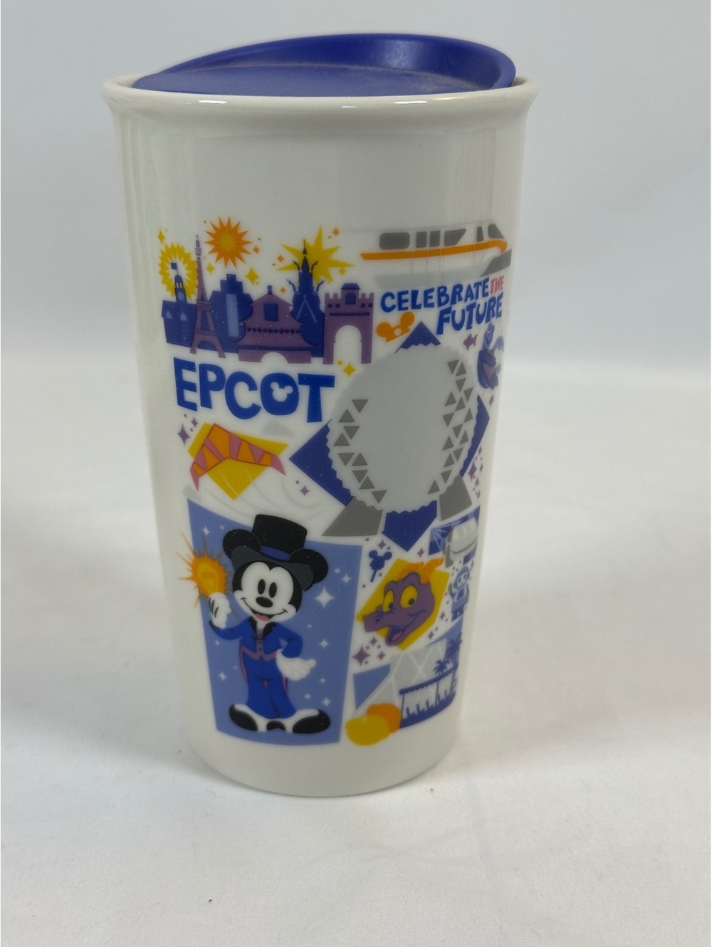 Starbucks Epcot Celebrate the Future Ceramic Travel Mug with Blue Lid